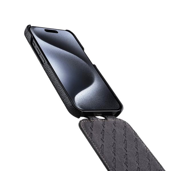 MELKCO Mobilskal till iPhone 15 Pro Litchi Textur Äkta Läder + PC - Brun