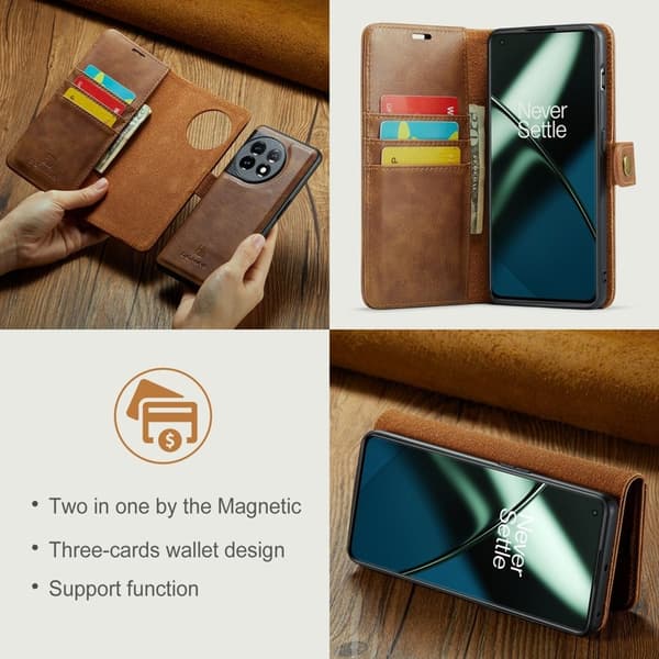 DG.MING OnePlus 11 5G Äkta Läder Plånboksfodral Detachable Magnet Brunt