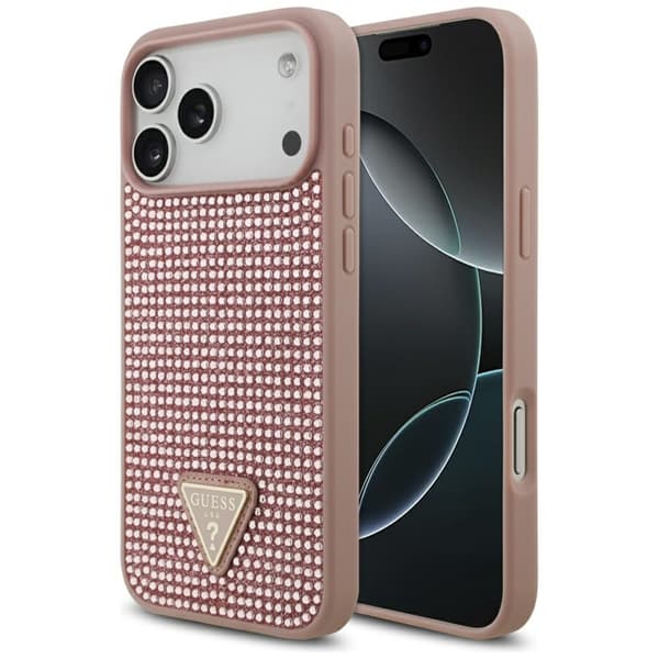 Guess Mobilskal till iPhone 17 Pro Rhinestone Triangle Logo - Rosa Rosa