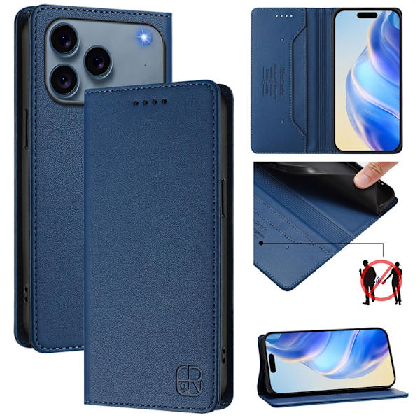 RINACASIS iPhone 17 Pro Konstläder Plånboksfodral RC01 RFID-Skydd - Blå Blå