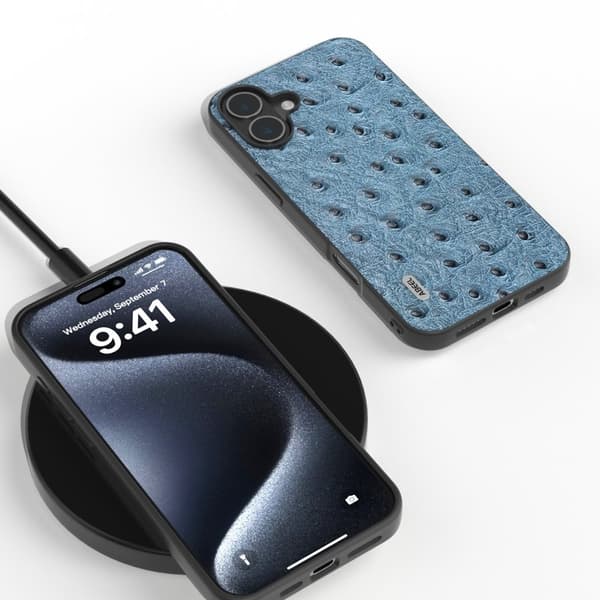 ABEEL Mobilskal till iPhone 16 Plus Ostrich Textur Äkta Läder Blå
