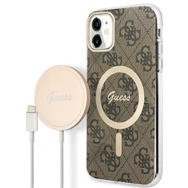 Guess iPhone 11 Magsafe Skal 4G Print + Trådlös Laddare - Brun