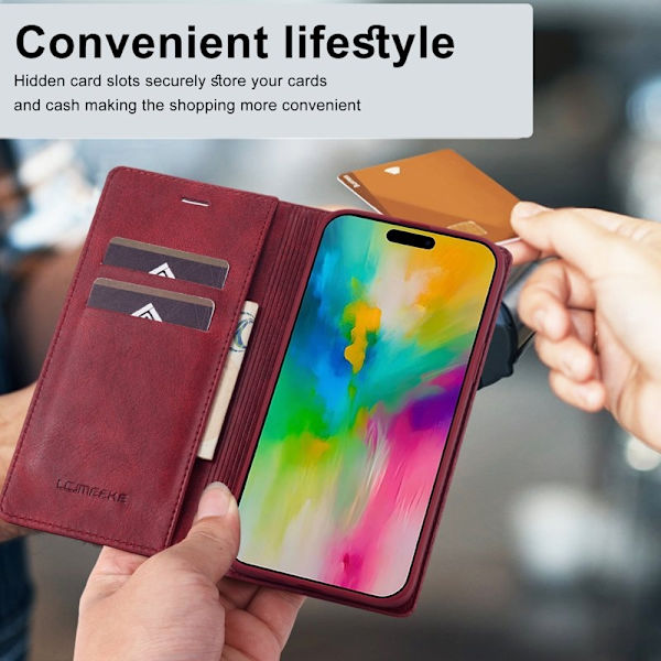 LC.IMEEKE iPhone 16 Pro Max Plånboksfodral Konstläder - Röd