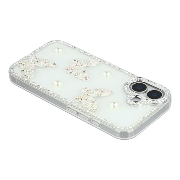 Mobilskal till iPhone 17 Rhinestone Edge Pearl Butterfly Vit