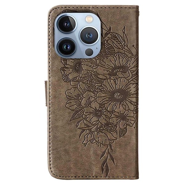 iPhone 14 Pro Plånboksfodral Butterfly Flower Imprinted - Grå