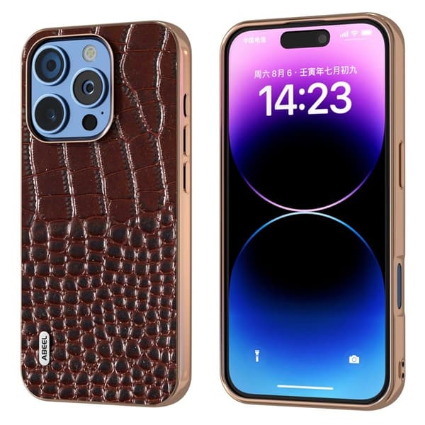 ABEEL Mobilskal till iPhone 16 Pro Äkta Läder Krokodil Textur - Brun