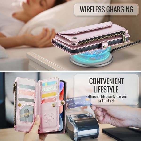 CASEME Plånboksfodral Konstläder för iPhone 14 Plus med kortfack - Rosa