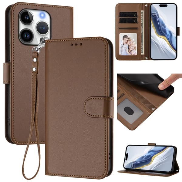 iPhone 16 Pro Plånboksfodral Läder med Handledsrem - Brun Brun