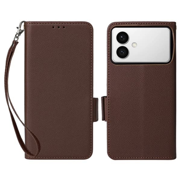 Galaxy S26 Edge Plånboksfodral Litchi Konstläder med Rem - Brun Brun