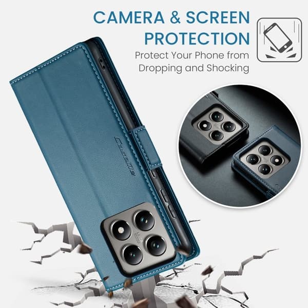 CASEME Xiaomi 14T Plånboksfodral Konstläder RFID-Skydd 3 Kort Blå