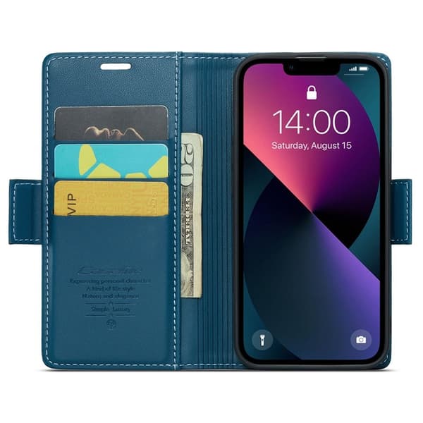 CASEME Plånboksfodral Konstläder för iPhone 15 Plus - Blå, RFID-Skydd