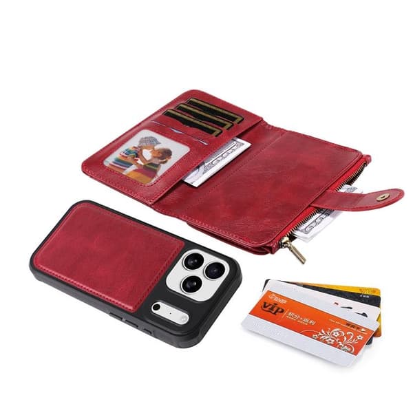 iPhone 17 Pro Konstläder Plånboksfodral Detachable Zipper - Röd Röd