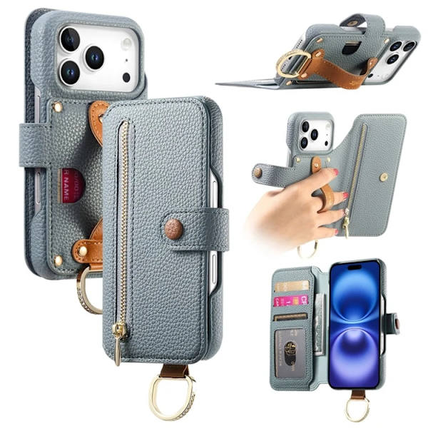 iPhone 17 Pro Konstläder Plånboksfodral RFID-Skydd Zipper - Blå Blå