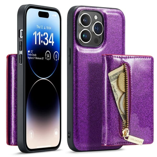 DG.MING M3 Series iPhone 15 Pro Max Konstläder Plånboksfodral Glitter Lila