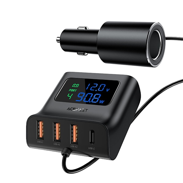 Acefast Billaddare 90W 3x USB Till USB-C Cigarettändare - Svart Svart