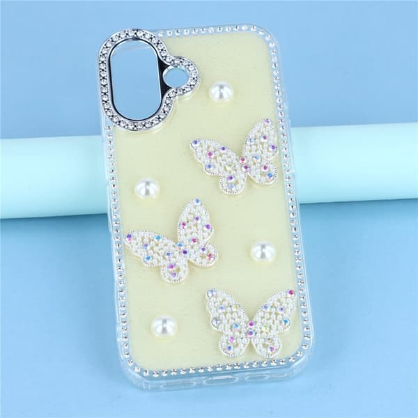 Mobilskal till iPhone 17 Rhinestone Edge Pearl Butterfly Gul