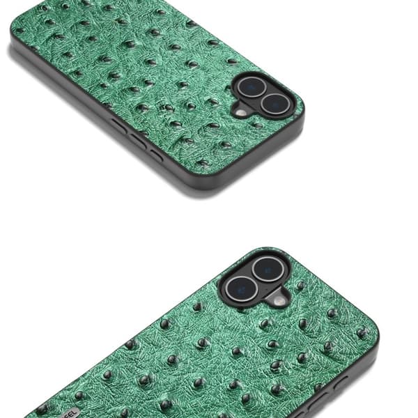 ABEEL Mobilskal till iPhone 16 Plus Ostrich Textur Äkta Läder Grön