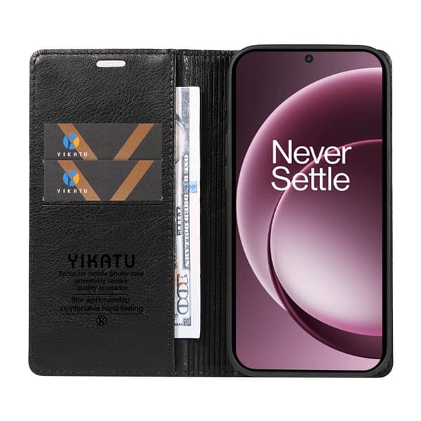 YIKATU OnePlus 15 Plånboksfodral Litchi Closure Konstläder Svart