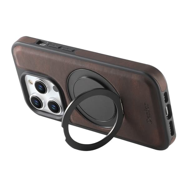 DENIOR Mobilskal till iPhone 15 Pro Magnetiskt Rotationsstativ Läder PC TPU Brun