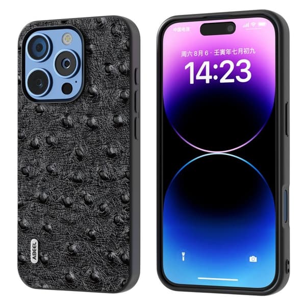 ABEEL Mobilskal till iPhone 16 Pro Max Ostrich Textur Äkta Läder Svart