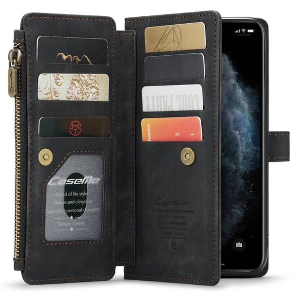 CASEME Konstläder Plånboksfodral för iPhone 11 Pro Max med rem - Svart