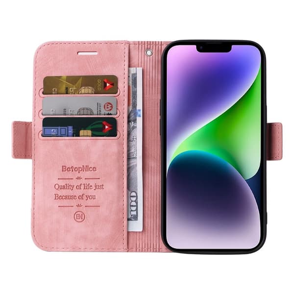 BETOPNICE 001 iPhone 15 Plus Plånboksfodral Konstläder - Rosa