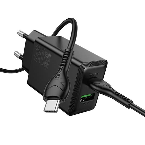 Hoco Hurtigoplader PD 30W USB-A USB-C QC3.0 AFC 3A med USB-C Kabel N71 - Sort Svart