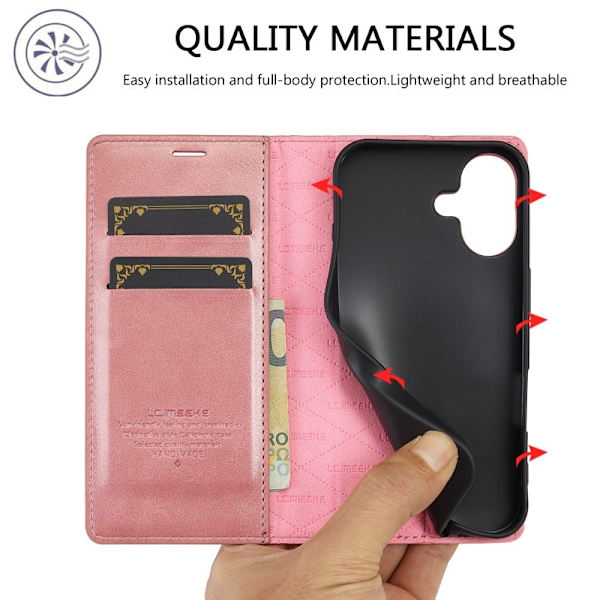 LC.IMEEKE iPhone 16 Plånboksfodral Konstläder- Roséguld