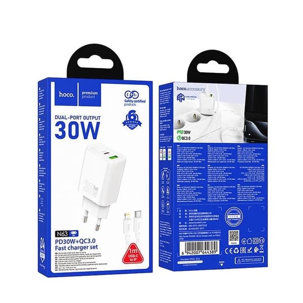 HOCO Snabbladdare USB/USB-C 30W USB-C/Lightning Kabel N63 QC PD Vit