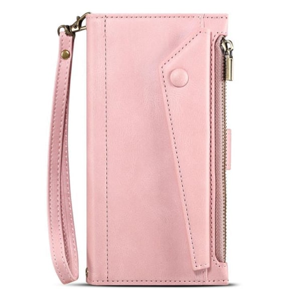 iPhone 14 Pro Max Pungeetui Flap Zipper Strap - Rosa