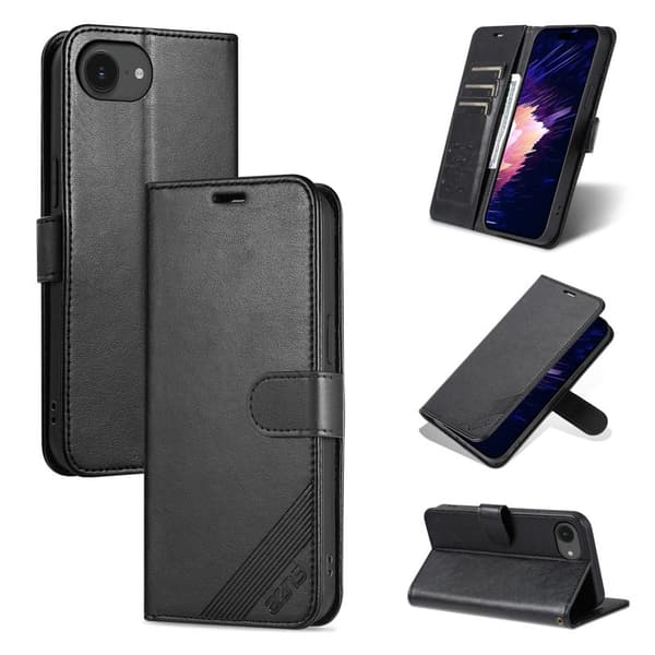 AZNS iPhone 16e Plånboksfodral Anti-Scratch Konstläder - Svart