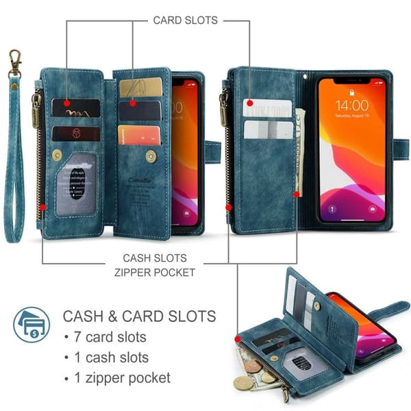 CASEME Konstläder Plånboksfodral för iPhone 12 mini med rem - Blå