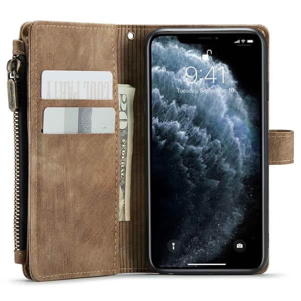 CASEME Konstläder Plånboksfodral för iPhone 11 med rem och kortfickor - Brun