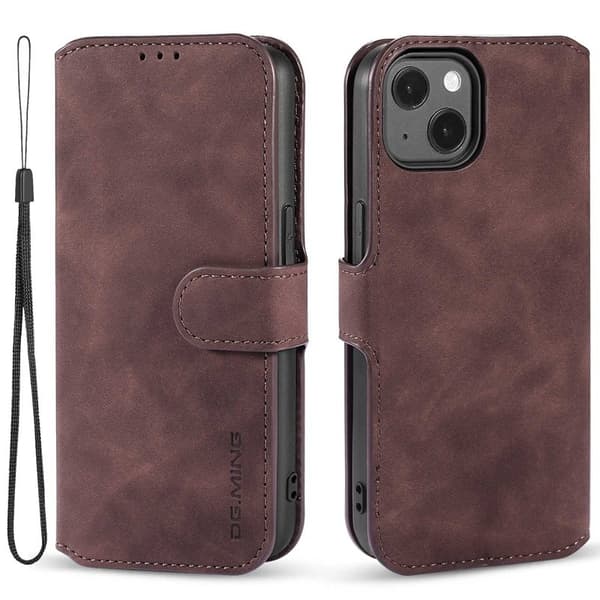 DG.MING iPhone 14 Konstläder Plånboksfodral Retro Stil Magnetisk Stängning Brun