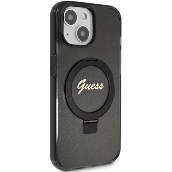 Guess iPhone 15 Mobilskal Magsafe Ringställ Script Glitter - Svart Svart