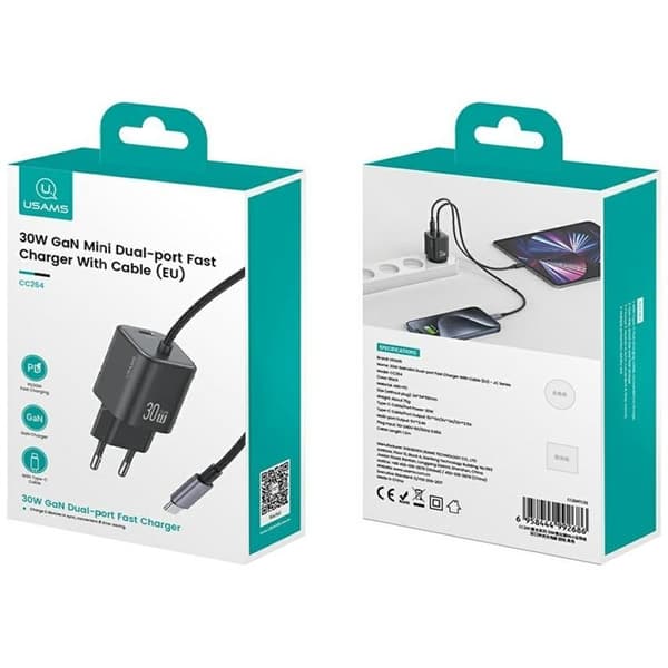 USAMS Snabbladdare 30W 2xUSB-C GaN Mini JC - Vit Vit