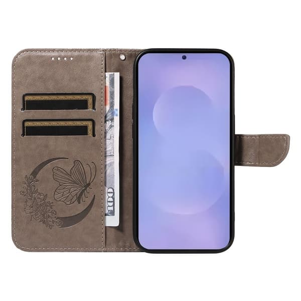 Samsung Galaxy S26 Plus Skal Fjärilsdesign PU Läder Flip - Grå