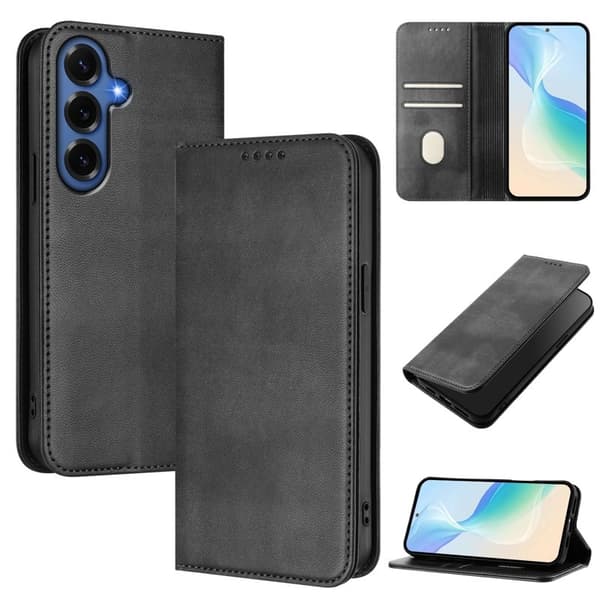 Samsung Galaxy S26+ Plånboksfodral Retro Textur RFID Skydd Konstläder - Svart
