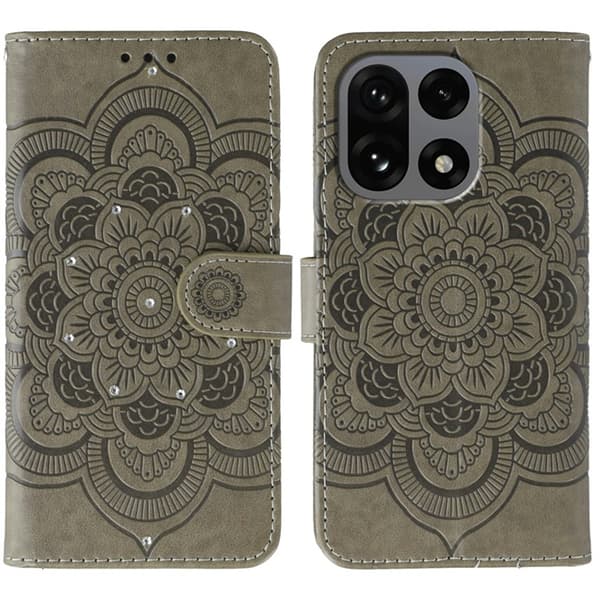 OnePlus 15 5G Konstläder Plånboksfodral Mandala Imprint Rhinestone - Grå Grå