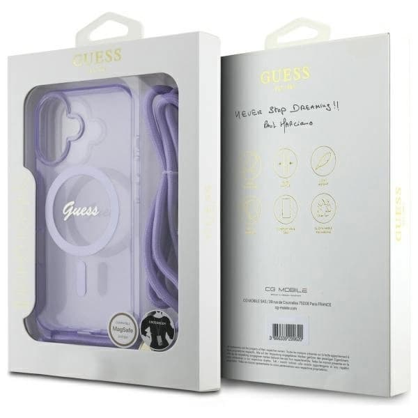 Guess Telefontaske til iPhone 16 MagSafe Crossbody Cord Script - Lilla Lila