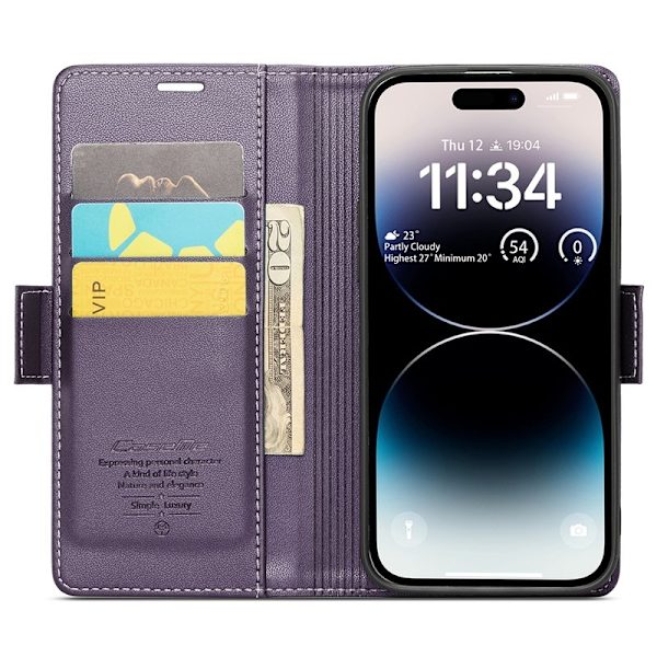 CASEME iPhone 15 Pro Plånboksfodral Konstläder RFID-Skydd Lila