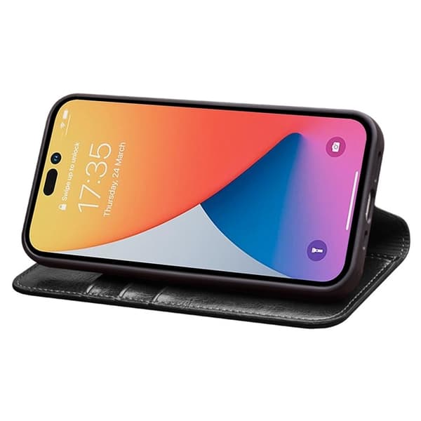 QIALINO iPhone 14 Pro Max Plånboksfodral Äkta Läder Drop Proof Svart