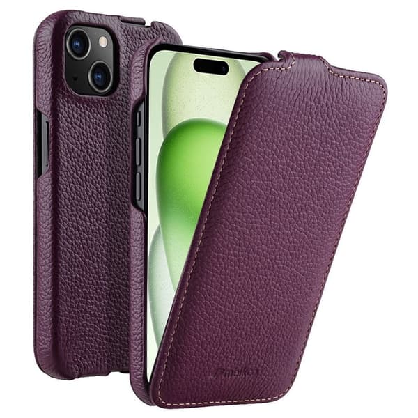 MELKCO Mobilskal till iPhone 15 Plus Vertikalt Flip Äkta Läder + PC Lila