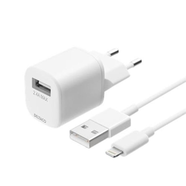 Deltaco - Vægoplader Med USB-A Til Lightning kabel 1m - Hvid White