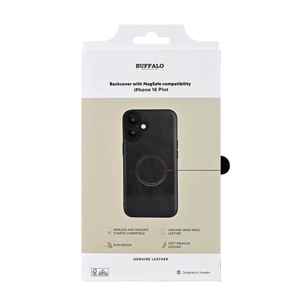 BUFFALO ægte læder Mobilcover til iPhone 16 Plus MagSafe Læder - Sort Black