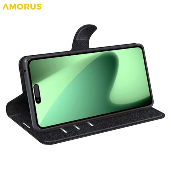 AMORUS iPhone 17 Pro Konstläder Plånboksfodral Flipstativ Litchi - Svart Svart