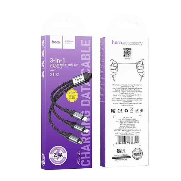 Hoco 3in1 USB-A til Lightning, USB-C, Micro-USB Kabel 2.4A 1m X102 - Sort Black