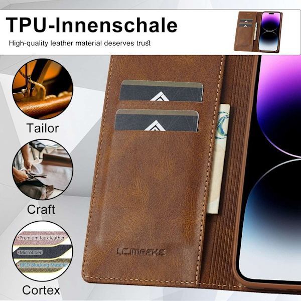 LC.IMEEKE iPhone 14 Pro Max Plånboksfodral RFID Blocker Konstläder - Brun