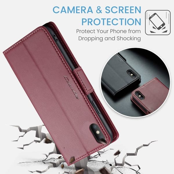 CASEME iPhone XS Max Plånboksfodral Konstläder RFID-Skydd 3 Kort Röd