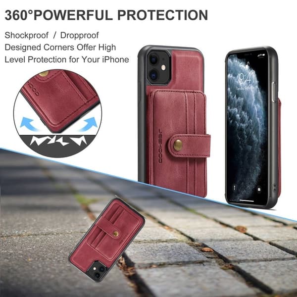 JEEHOOD Mobilskal till iPhone 11 Wallet Röd RFID-Skydd Anti-fall